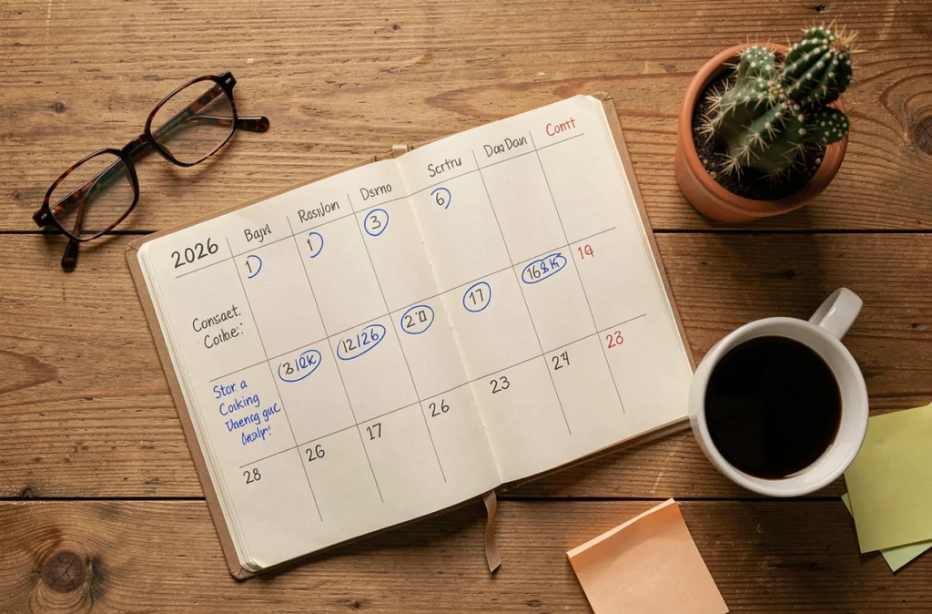 Vue de dessus d'un agenda 2026 ouvert avec des jours fériés entourés sur un bureau en bois