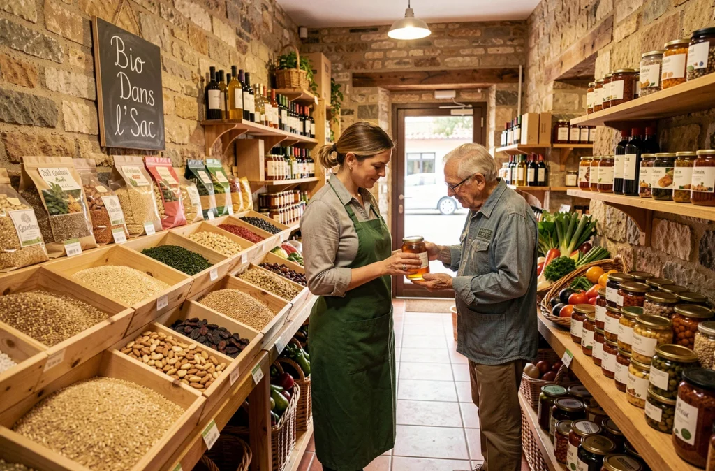 Intérieur du magasin bio Bio Dans l'Sac à Podensac avec une épicière aidant un client à choisir du miel local parmi les rayons de vrac