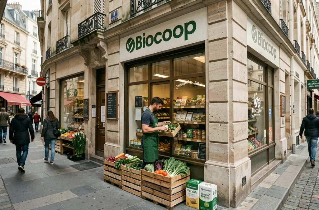 Devanture d'un magasin Biocoop en centre-ville de Bordeaux avec façade en pierre et employé réapprovisionnant des légumes bio