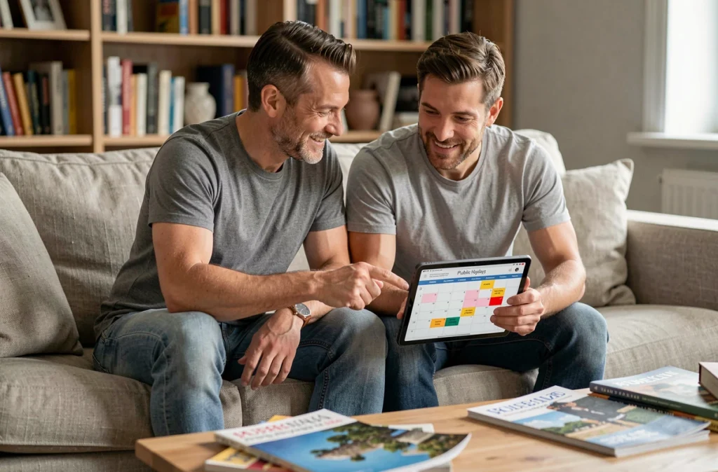 Couple planifiant ensemble leurs ponts et jours fériés 2026 sur une tablette dans un salon