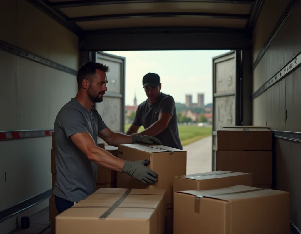 Déménageur de Creuse Déménagement arrimant des cartons dans un camion avec le village de Crocq visible en arrière-plan