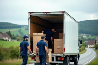 Équipe de déménageurs professionnels chargeant un camion devant un paysage rural typique de la Creuse