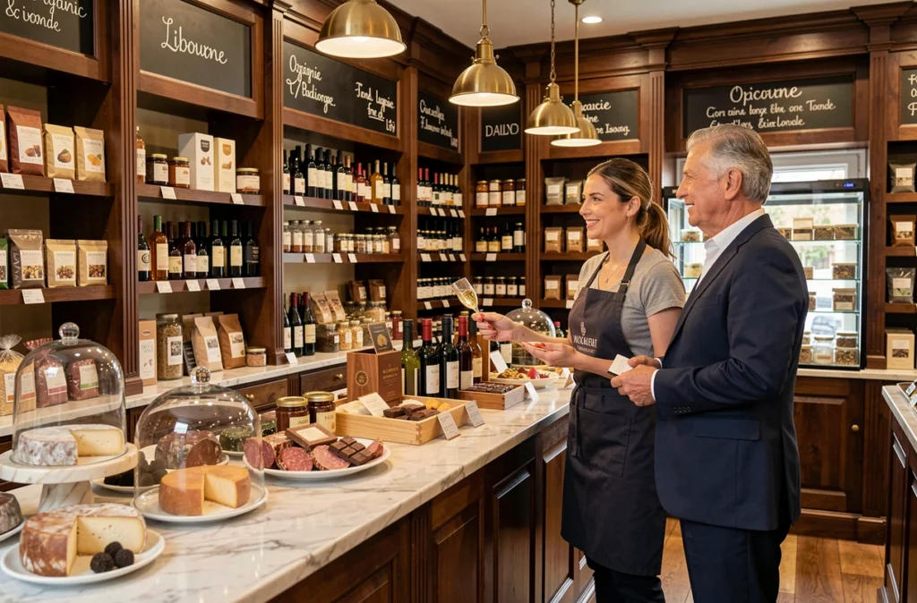 Intérieur de Destination Grand Comptoir à Libourne, épicerie bio et fine avec des produits artisanaux régionaux et une vendeuse proposant une dégustation