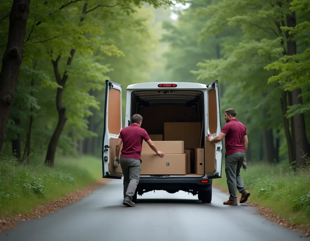 Équipe de l'Entreprise Déménagement Domeyrot chargeant un van sur une route forestière rurale dans la Creuse