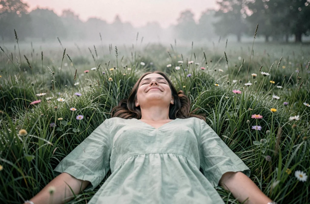 Femme allongée dans un pré au lever du jour en méditation spirituelle illustrant la signification de l'heure miroir 05h55 et l'éveil intérieur