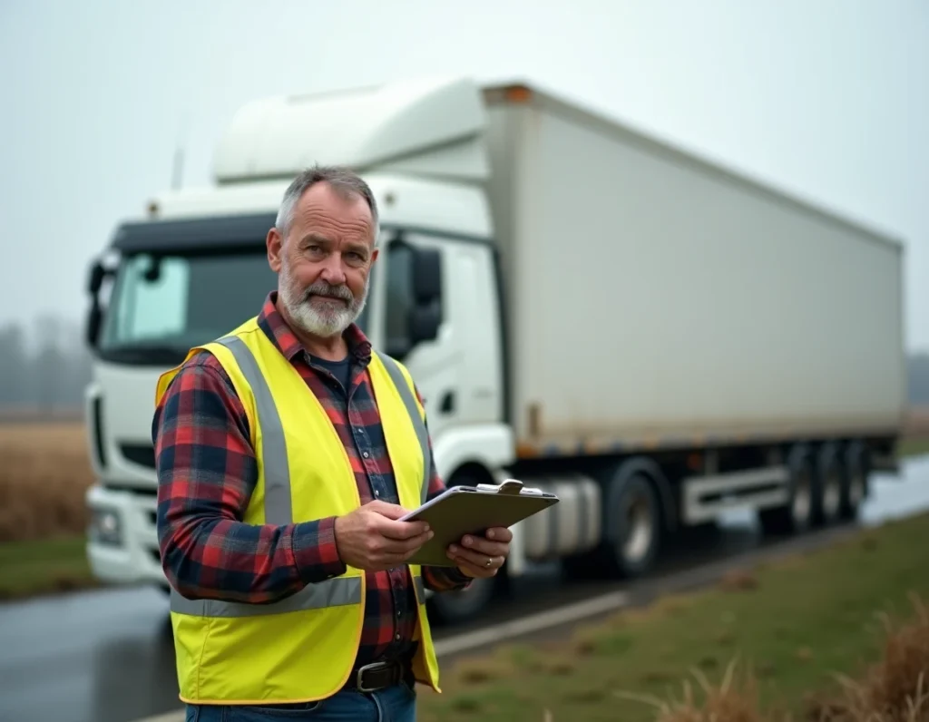 Chauffeur de Globe Express – Association Autonome de Camionnage – consultant ses documents de route devant son camion dans la Creuse