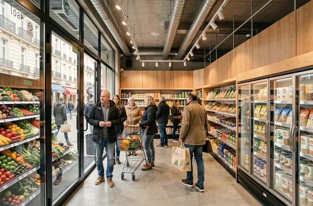 Grand magasin bio Le Grand Marché Bio en plein centre de Bordeaux avec de nombreux clients et rayons de produits biologiques bien achalandés