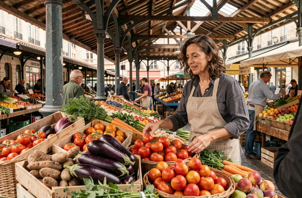 Étal de fruits et légumes bio au marché des Capucins de Bordeaux avec une vendeuse arrangeant des produits frais de saison