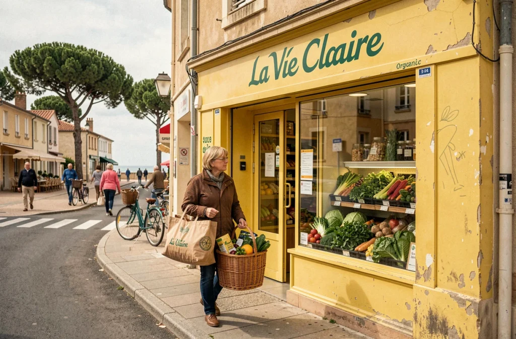 Façade du magasin La Vie Claire à La Teste-de-Buch près du Bassin d'Arcachon avec une cliente sortant avec son panier de courses bio