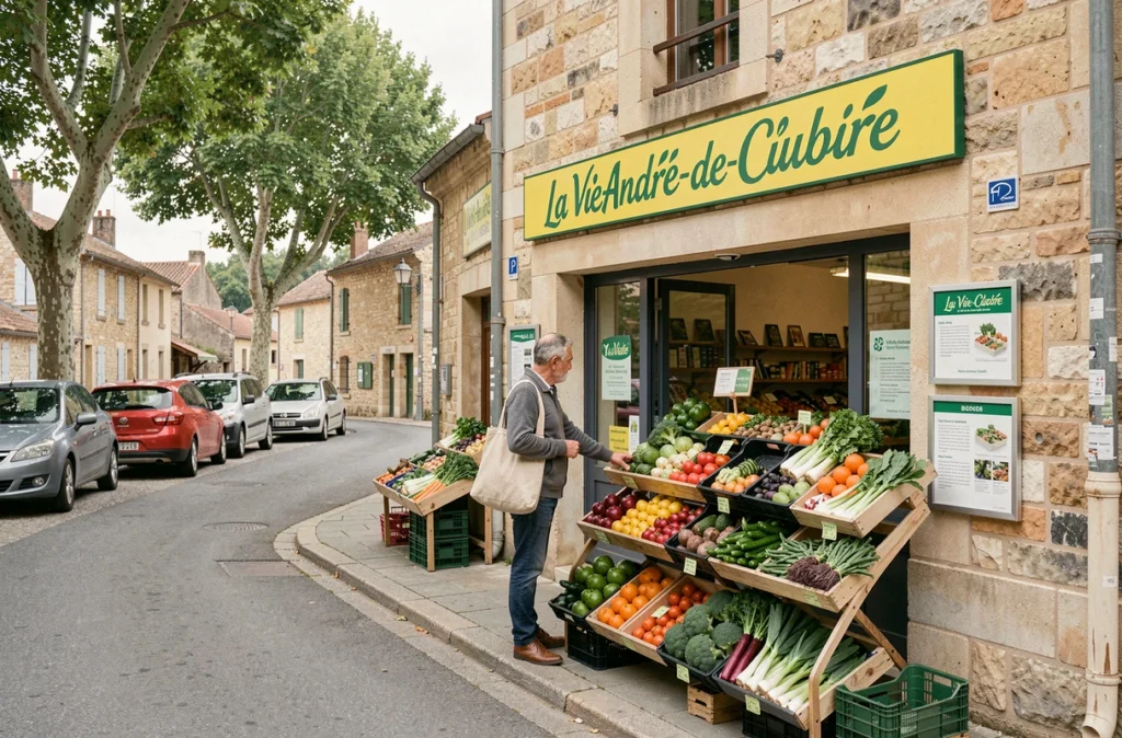 Magasin La Vie Claire à Saint-André-de-Cubzac avec présentoir extérieur de légumes bio dans un cadre de ville provinciale girondine