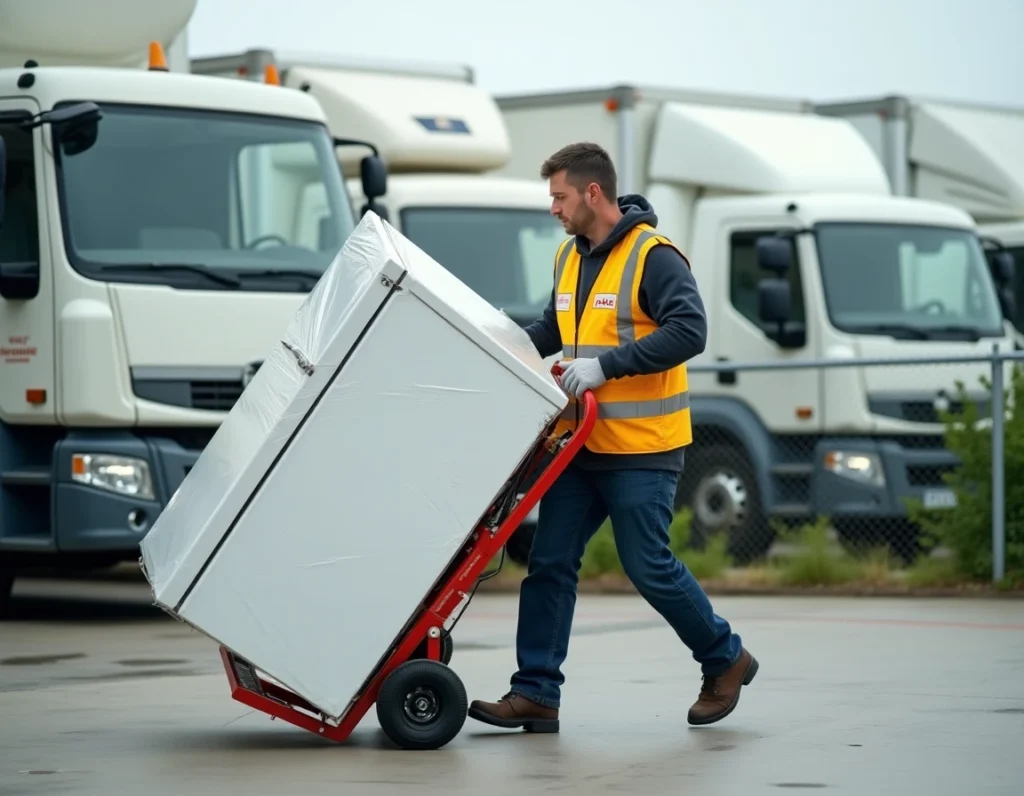 Déménageur de LB Déménagement manœuvrant un réfrigérateur emballé sur un chariot dans le dépôt à Guéret