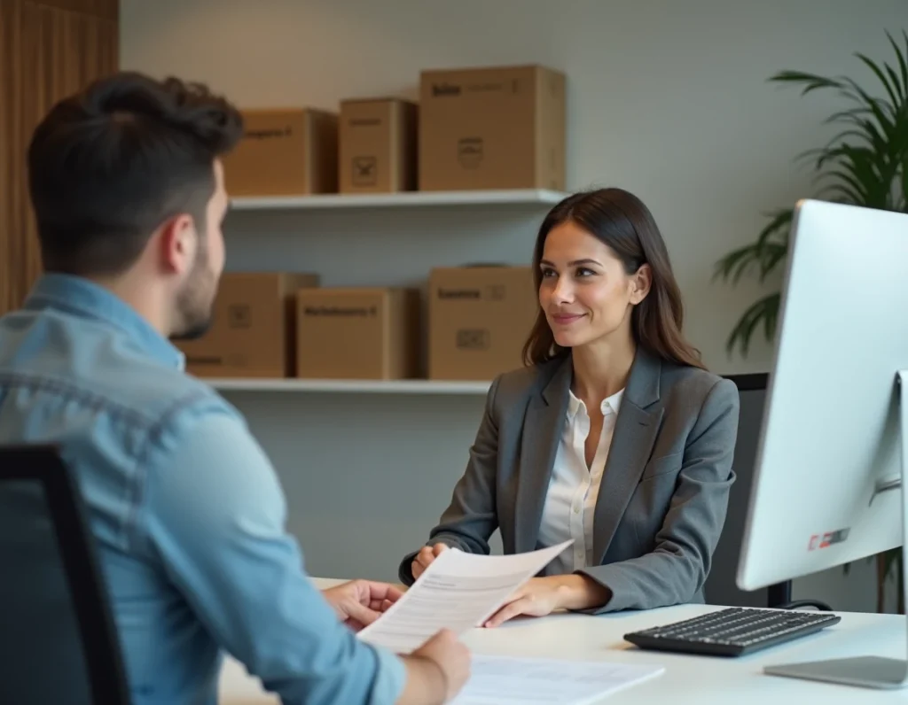 Réceptionniste de Locadem conseillant un client dans les bureaux de l'entreprise à Guéret