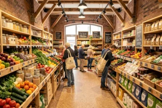 Intérieur d'un magasin bio en Gironde avec rayons de produits naturels, fruits et légumes colorés et clients avec cabas réutilisables