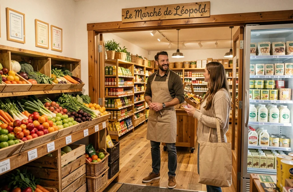 Accueil chaleureux au Marché de Léopold à Eysines avec un employé bio saluant une cliente à l'entrée du magasin bio local