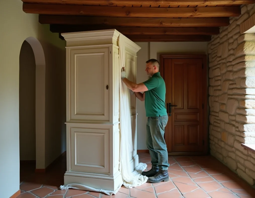 Déménageur de Michel Déménagements emballant une armoire ancienne dans une maison rurale à Jarnages