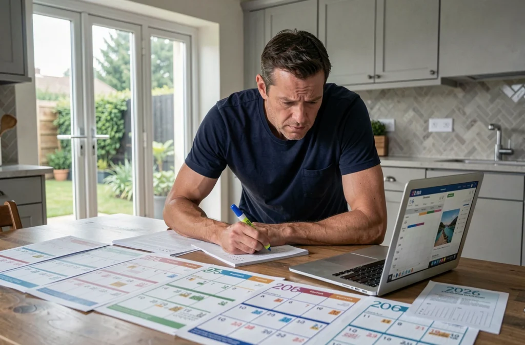 Homme organisant ses ponts et vacances 2026 avec des calendriers imprimés et un ordinateur portable sur une table de cuisine
