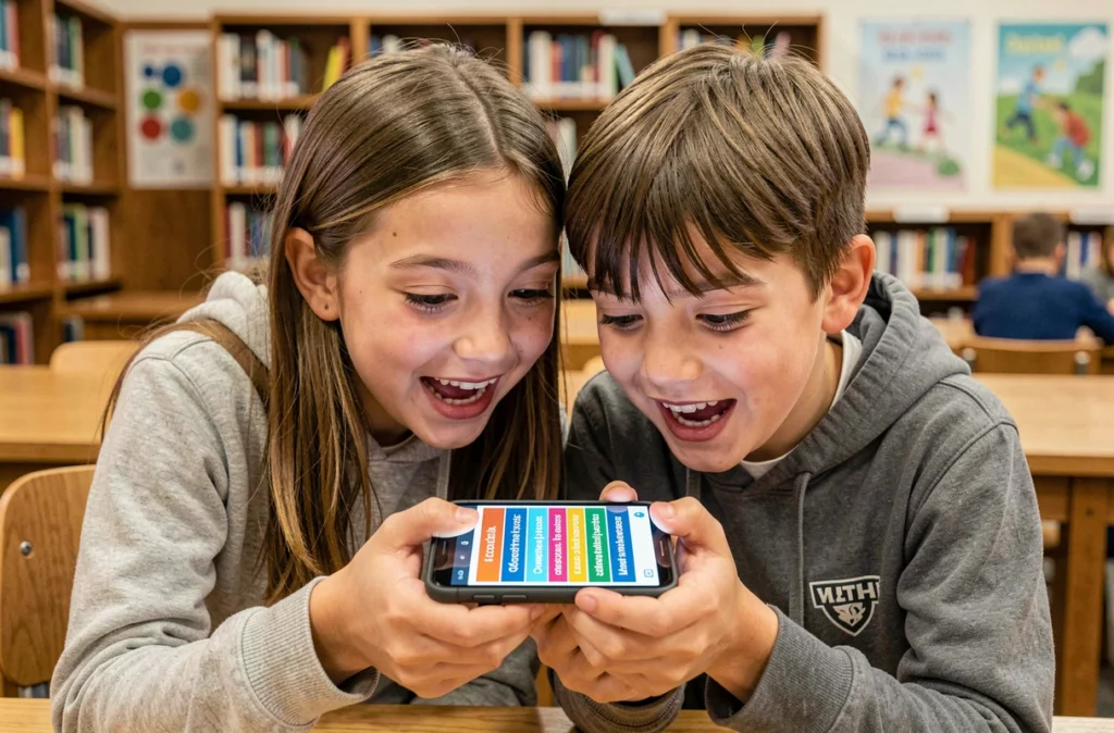Deux enfants découvrant ensemble un jeu de devinettes de mots sur smartphone dans une bibliothèque scolaire, réagissant avec curiosité et enthousiasme