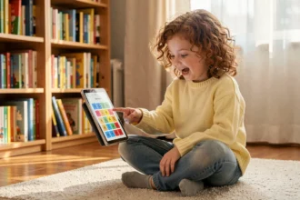 Fillette jouant à un jeu de vocabulaire sur tablette, assise sur le parquet d'un salon chaleureux entouré de livres pour enfants