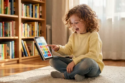 Fillette jouant à un jeu de vocabulaire sur tablette, assise sur le parquet d'un salon chaleureux entouré de livres pour enfants