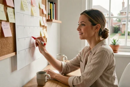 Femme planifiant ses congés et jours fériés 2026 sur un calendrier papier dans un bureau à domicile