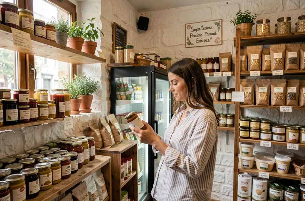 Intérieur cosy de l'épicerie bio bordelaise Les P'tits Cageots avec une cliente lisant une étiquette devant des rayons d'épicerie locale