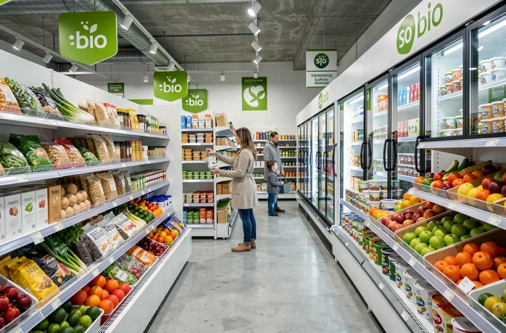Allée d'un magasin So.bio moderne en Gironde avec une mère et son fils choisissant des produits bio dans le rayon réfrigéré