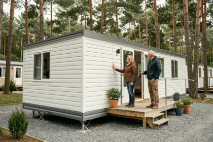 Couple examinant l'extérieur d'un mobil-home moderne de marque reconnue installé sur un emplacement de camping arboré
