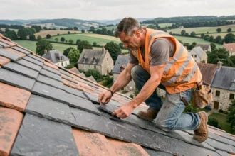 Couvreur professionnel posant des ardoises sur un toit en pente dans la région de la Moselle, avec vue sur les maisons lorraines traditionnelles