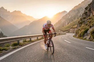 Cycliste sur une route de montagne au lever du jour