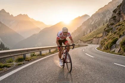 Cycliste sur une route de montagne au lever du jour