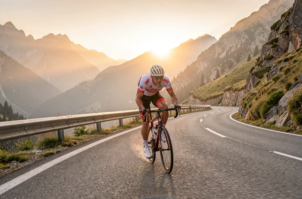 Cycliste sur une route de montagne au lever du jour