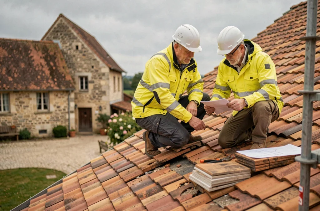 Deux couvreurs inspectant une toiture en tuiles d'une ferme traditionnelle en Moselle, avec outils et matériaux de remplacement visibles