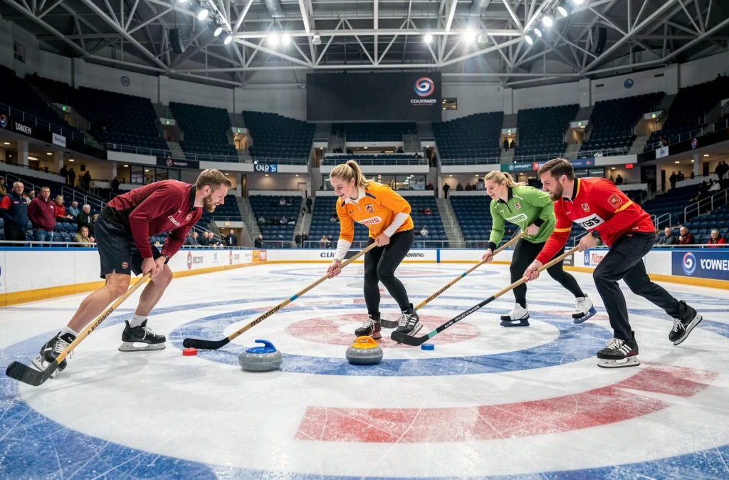Équipe de curling lançant une pierre sur la glace