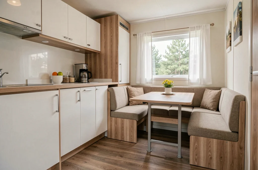 Intérieur aménagé d'un mobil-home de qualité avec cuisine équipée et espace salon, idéal pour une utilisation régulière en camping